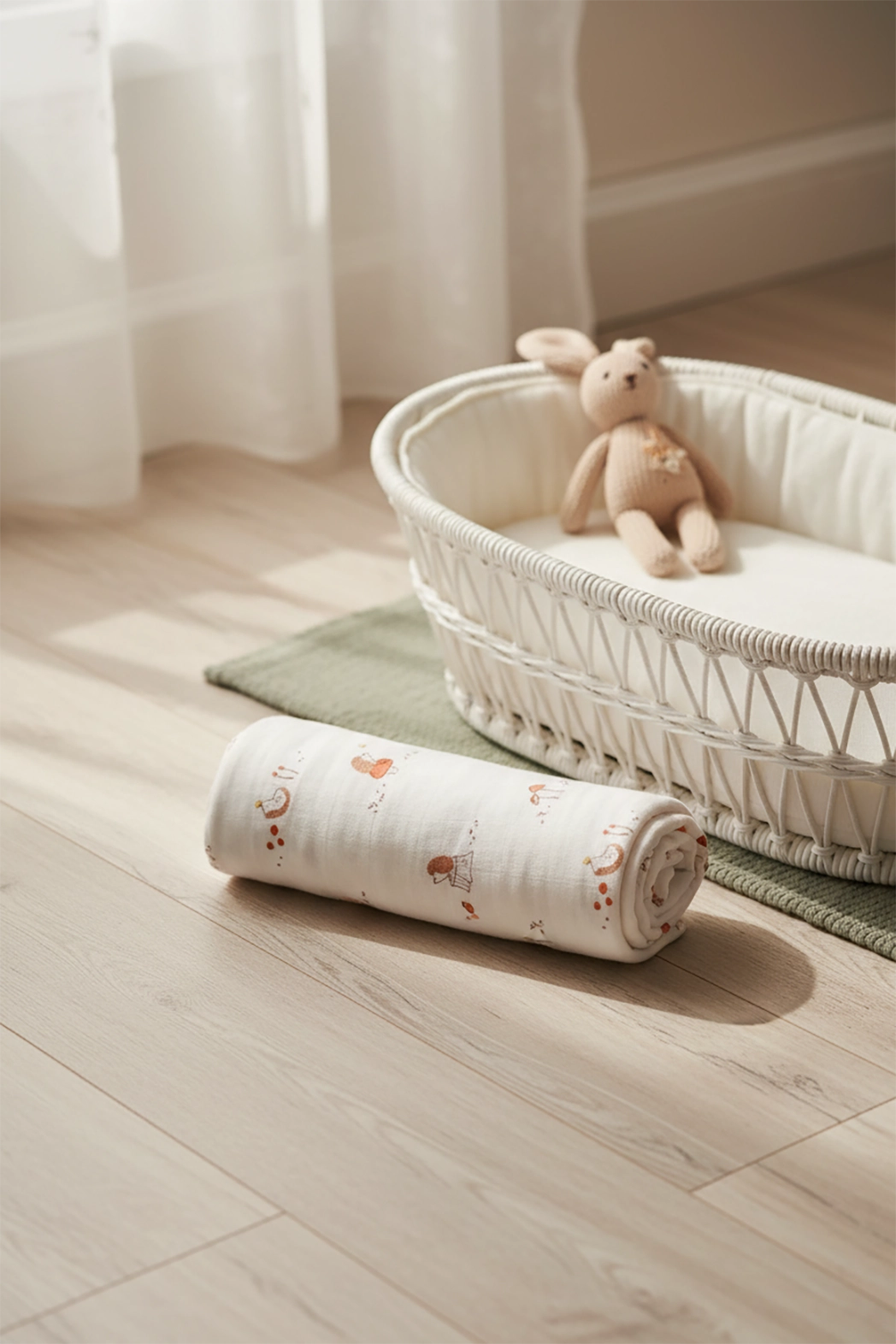Baby crib with rolled-up blanket and teddy bear on a wooden floor