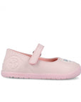 Pink children's shoe with a strap on a white background