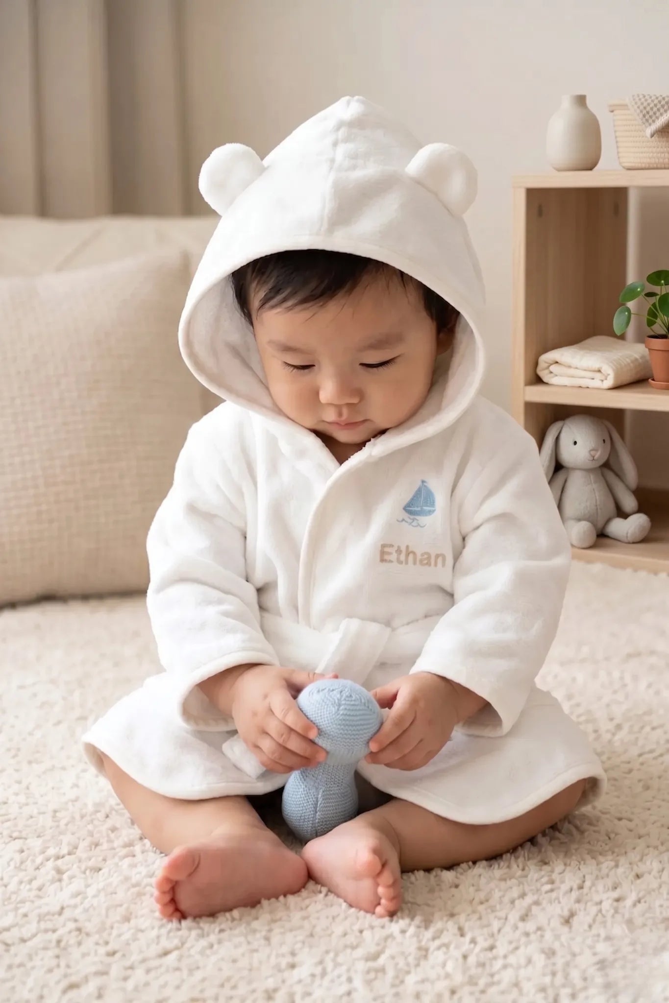 White bear hooded baby bathrobe with personalised name, baby sitting on soft rug holding toy