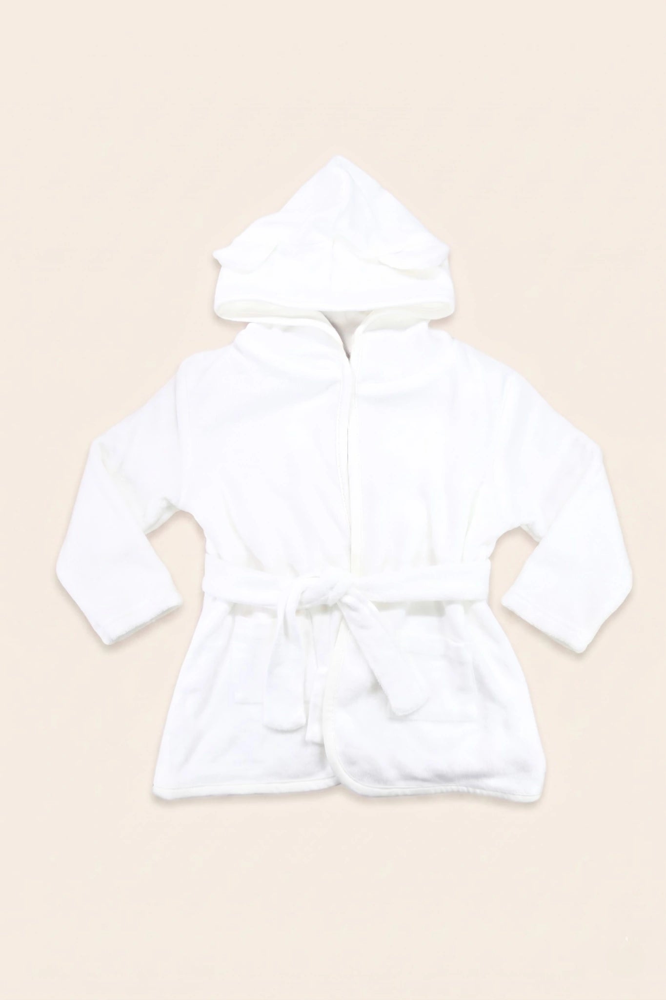 White baby bear bathrobe with hood, ears, pockets and tie belt laid flat