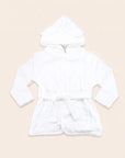 White baby bear bathrobe with hood, ears, pockets and tie belt laid flat