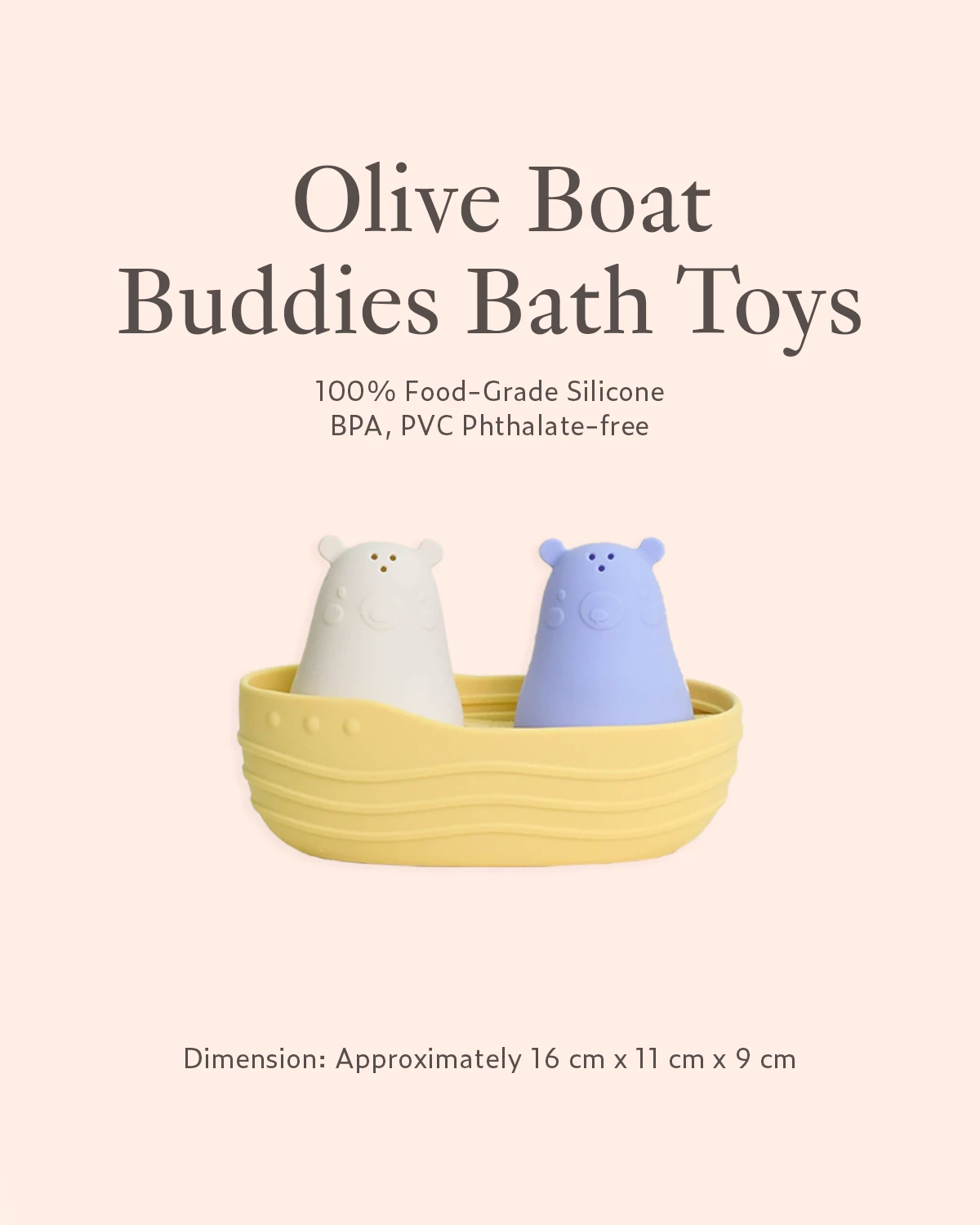 Olive Boat Buddies Bath Toys, 100% food grade silicone, BPA PVC phthalate-free comes with boat, white and purple bear 