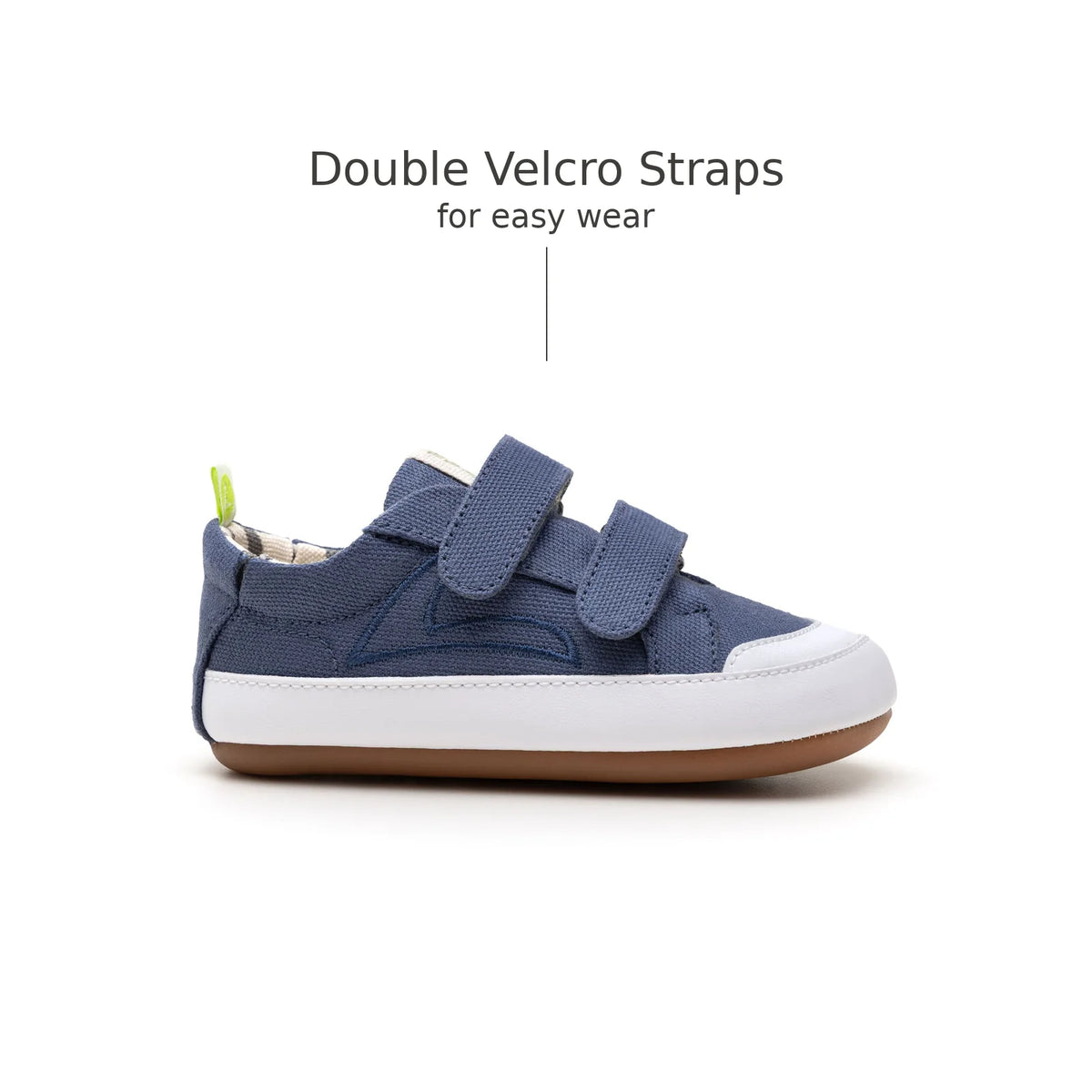 Side view of Bossy Green Sneakers in Lona Azul Klein with double velcro straps for chubby feet