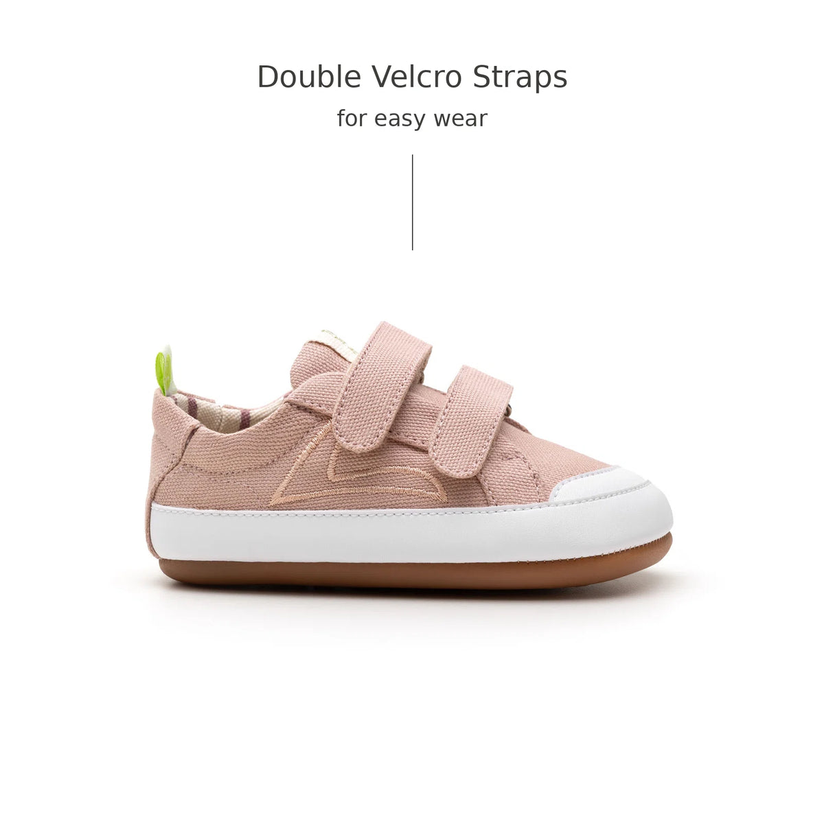 Side view of Tip Toey Joey Bossy Green Sneakers in Lona Rosa Quartzo with double velcro straps