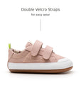 Side view of Tip Toey Joey Bossy Green Sneakers in Lona Rosa Quartzo with double velcro straps