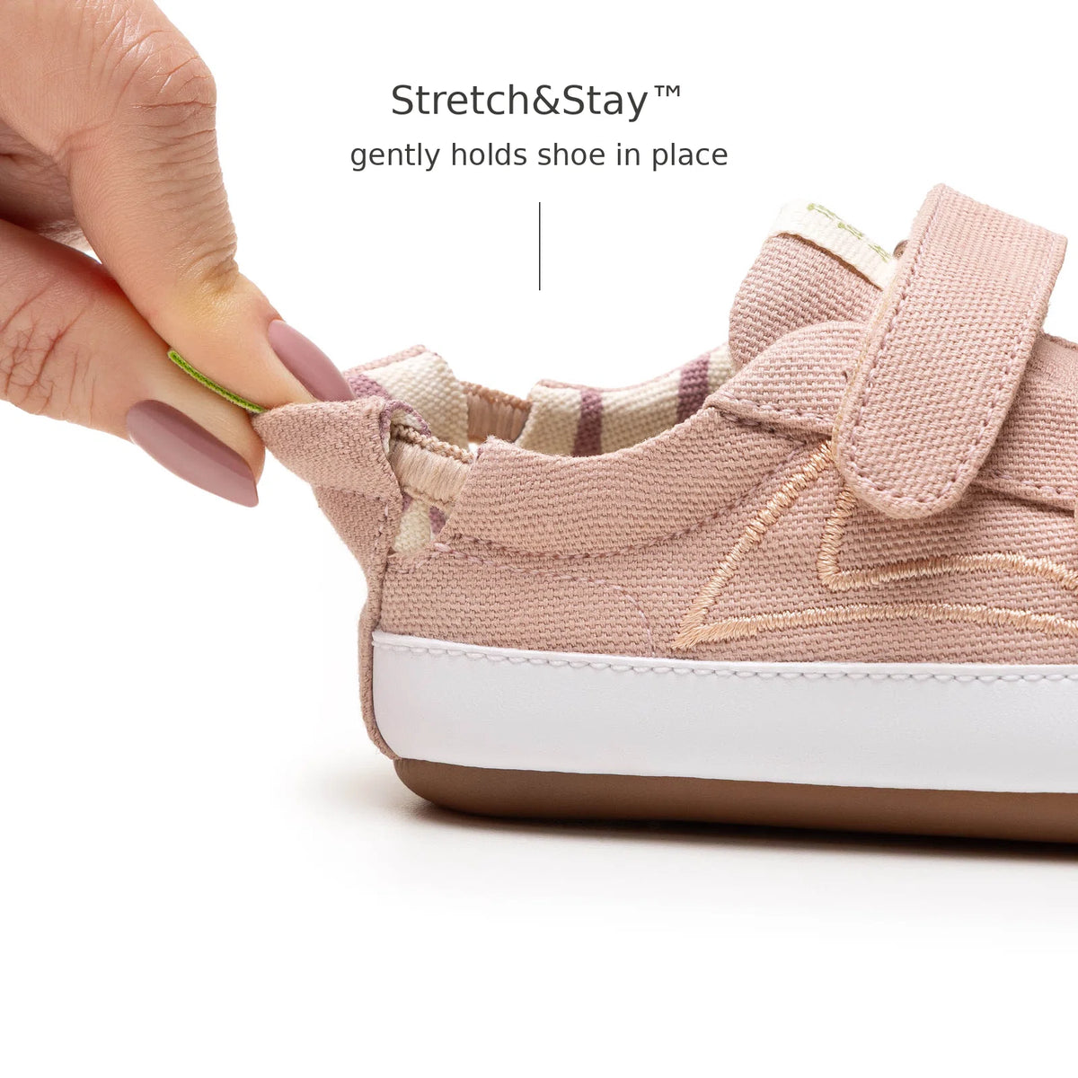 Back view of Tip Toey Joey Bossy Green Sneakers in Lona Rosa Quartzo showing the Stretch&amp;Stay elastic heel