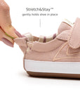 Back view of Tip Toey Joey Bossy Green Sneakers in Lona Rosa Quartzo showing the Stretch&Stay elastic heel