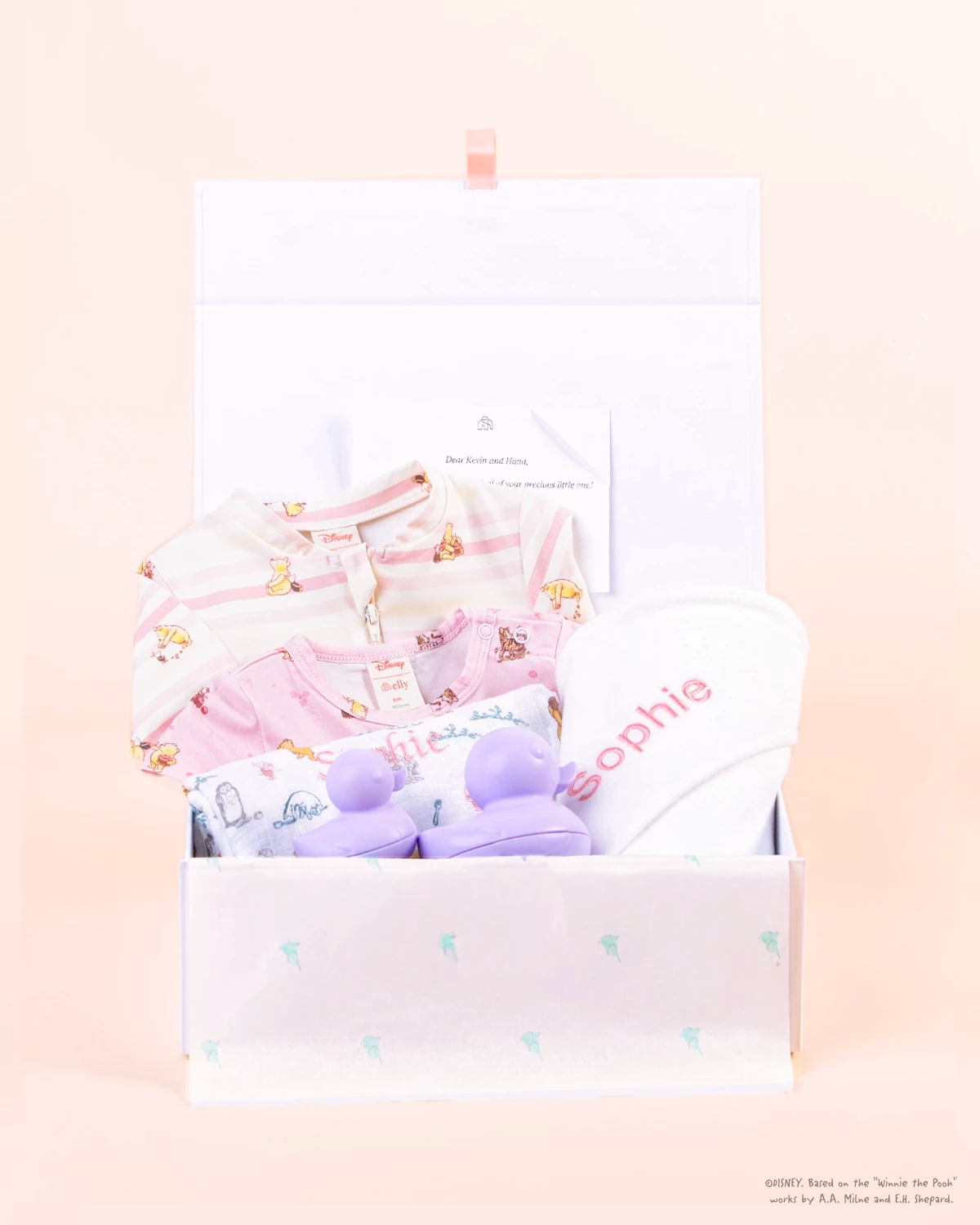 Personalised baby gift set with embroidered towel, clothing and bath toys in gift box