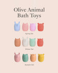 Olive animal bath toy colour sets in Spring, Winter, and Autumn pastel combinations