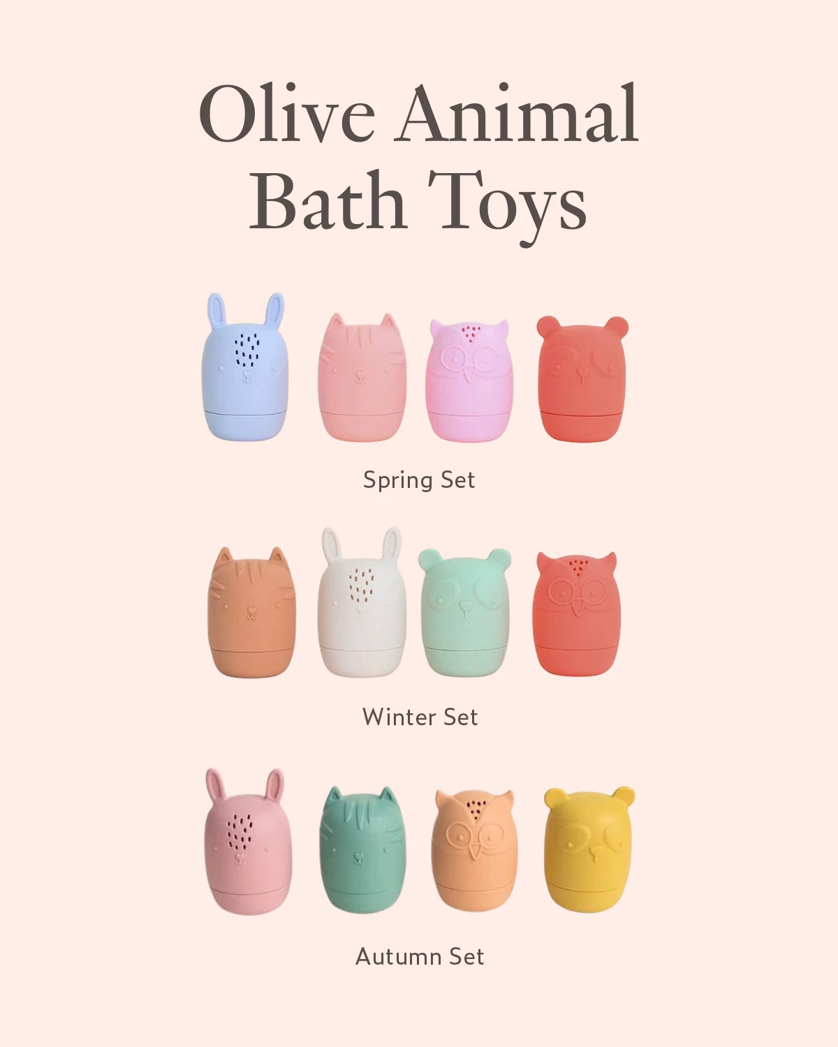 Olive animal bath toy colour sets in Spring, Winter, and Autumn pastel combinations
