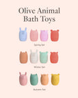 Olive animal bath toy colour sets in Spring, Winter, and Autumn pastel combinations