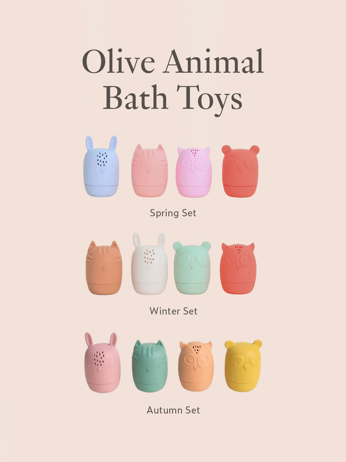 Olive animal bath toy colour sets in Spring, Winter, and Autumn pastel combinations