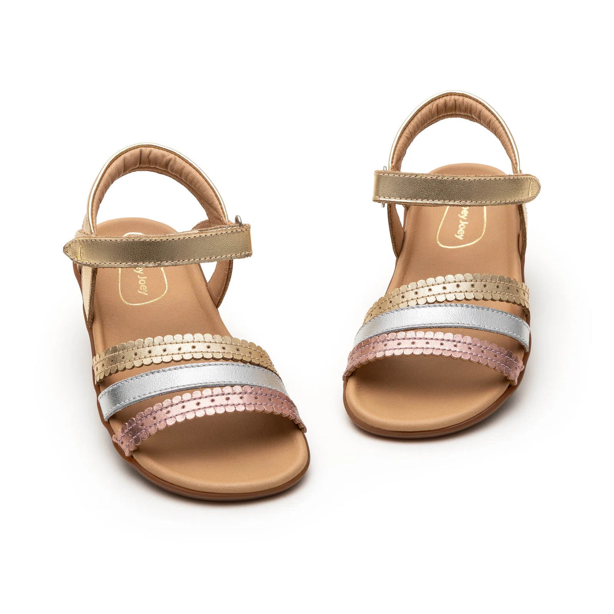 Angled view of a pair of Tip Toey Joey Coil Sandals in Metal Gold / Sterling Silver / Rose Gold