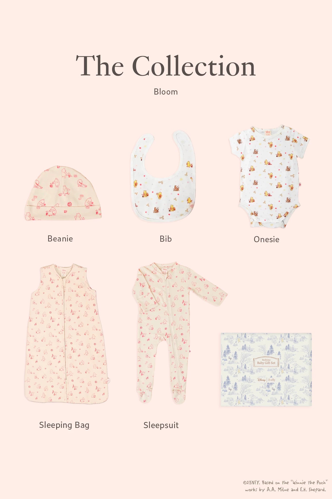Baby clothing collection including a beanie, bib, onesie, sleeping bag, and sleepsuit on a light pink background.