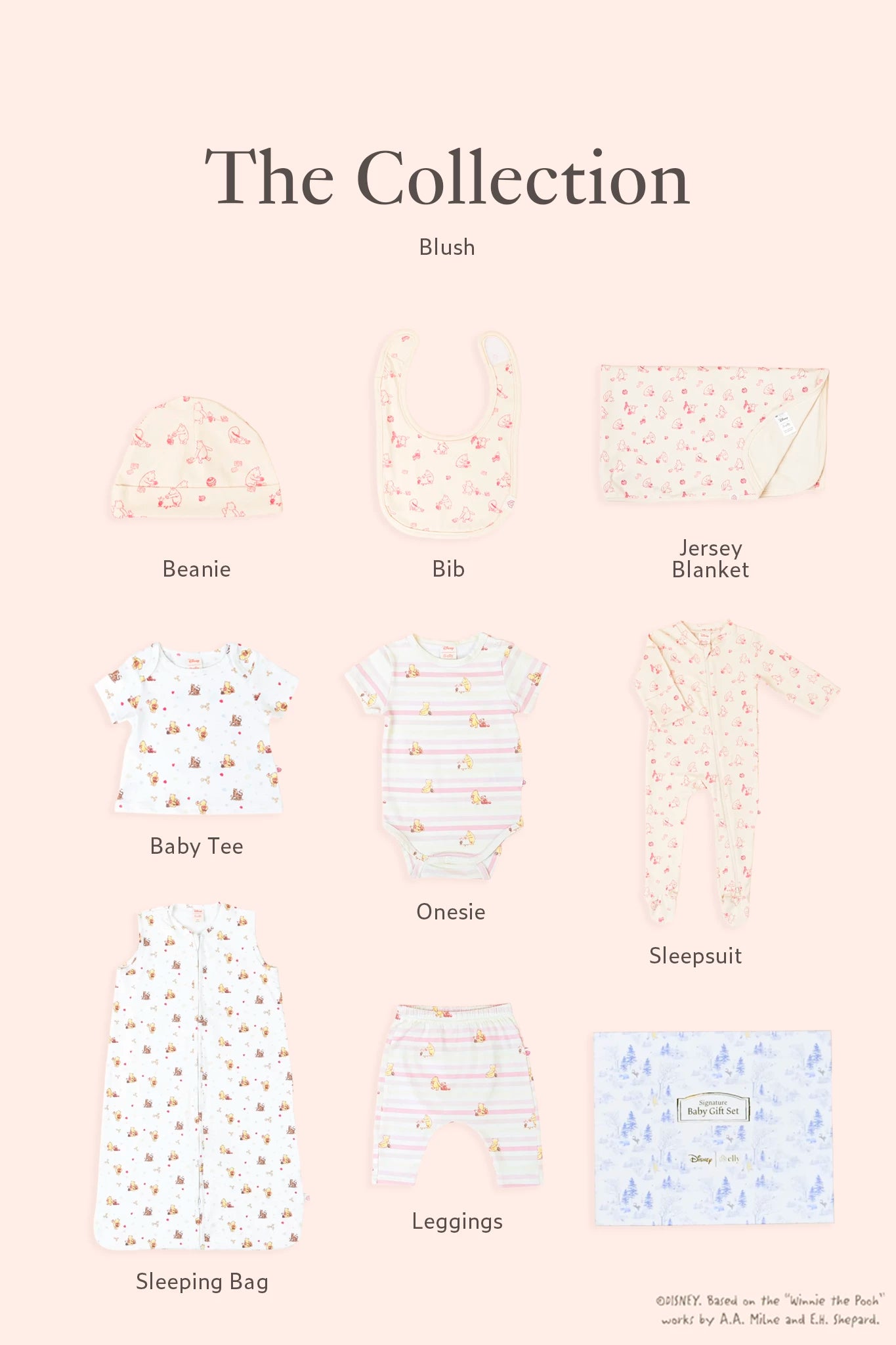 Signature Signature Classic Pooh baby gift  blush set consist of beanie, bib, jersey blanket, baby tee, onesie, sleepsuit, sleeping bag and leggings