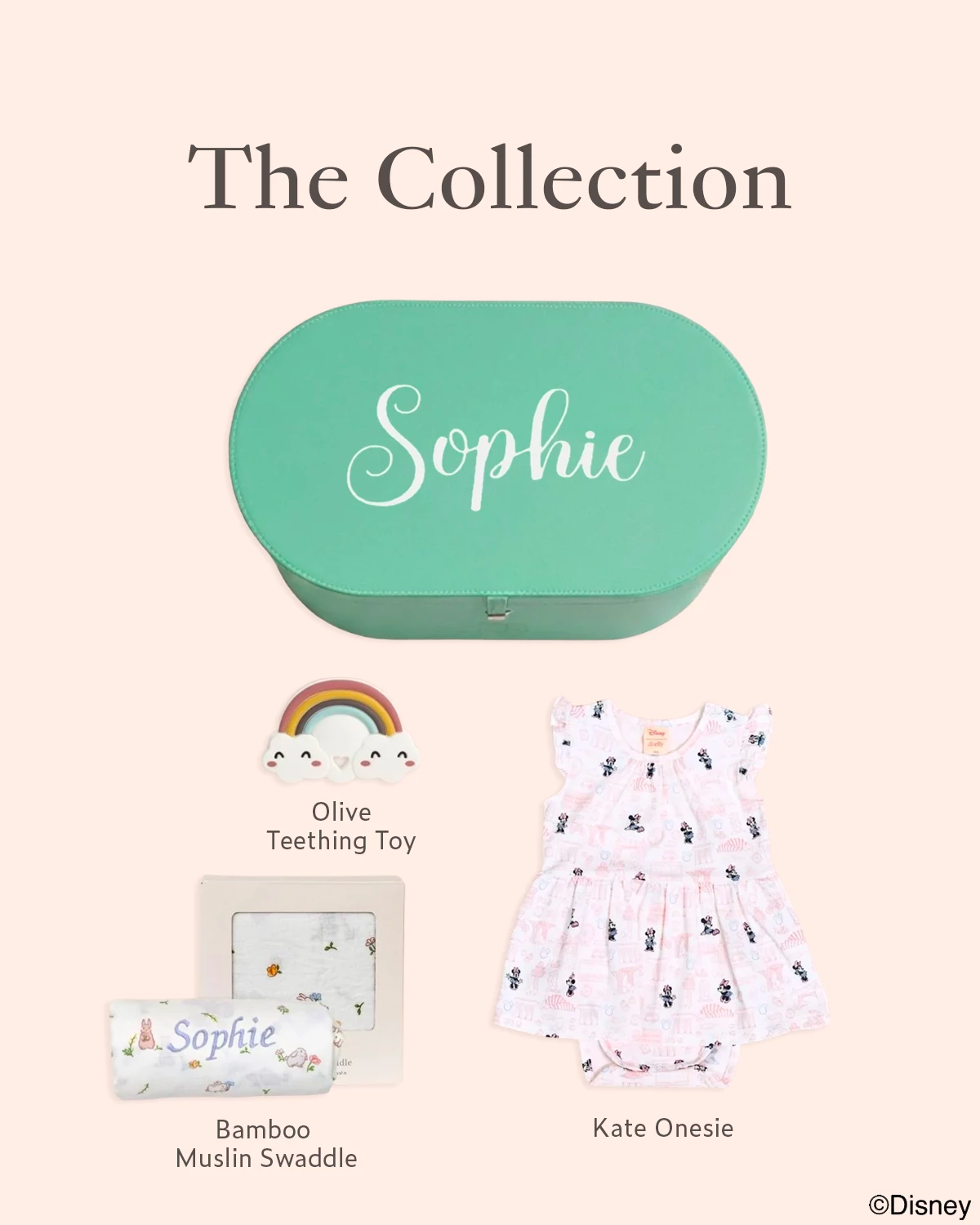Collection of baby items including kate onesie in pink hello minnie, teething toy, and personalised bamboo muslin swaddle 