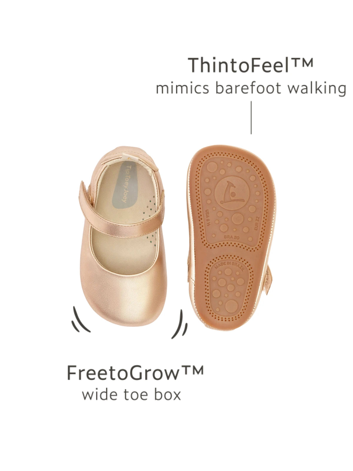 Top and bottom view of metallic salmon Mary Janes highlighting the wide toe box and barefoot-feel sole technology.