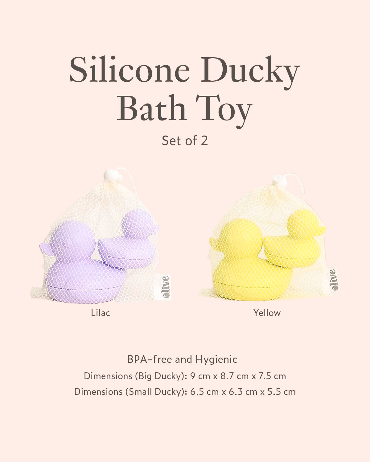 Silicone ducky bath toys in lilac and yellow with product details 