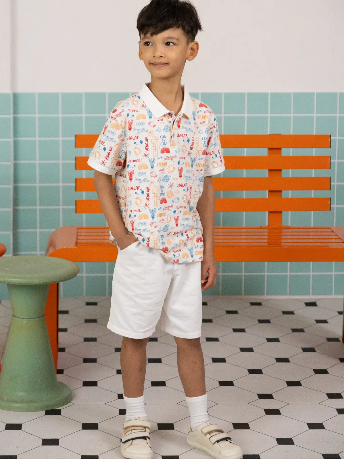 Elly Childhood Games Polo Tee and white shorts full outfit set.