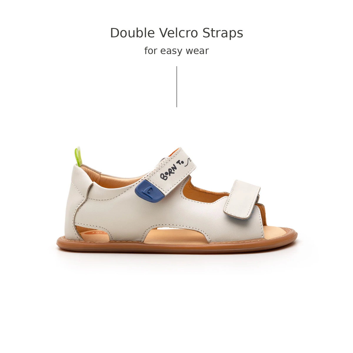 Side view of Tip Toey Joey Explore Born to Move Sandals in Tapioca with double velcro straps