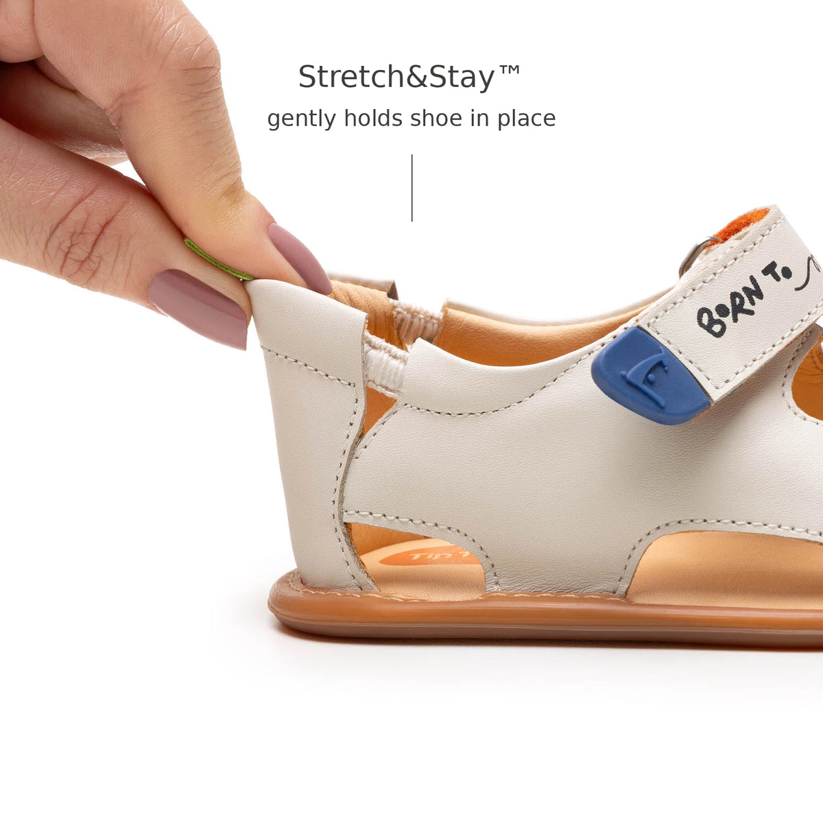 Back view of Tip Toey Joey Explore Born to Move Sandals in Tapioca showing the Stretch&Stay elastic heel
