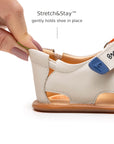 Back view of Tip Toey Joey Explore Born to Move Sandals in Tapioca showing the Stretch&Stay elastic heel