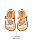 Top view of Tip Toey Joey Explore Born to Move Sandals in Tapioca showing the wide FreetoGrow toe box