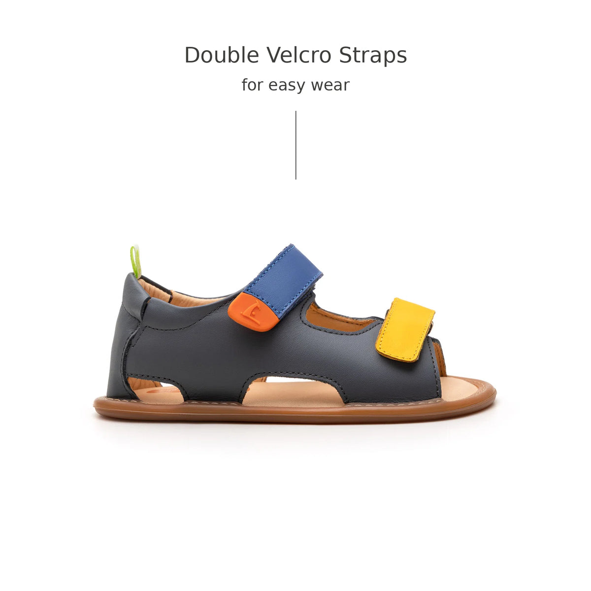 Side view of Tip Toey Joey Explore Sandals in Slate Blue / Caja / Blue Tang with double velcro straps