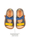 Top view of Tip Toey Joey Explore Sandals in Slate Blue / Caja / Blue Tang showing the wide FreetoGrow toe box