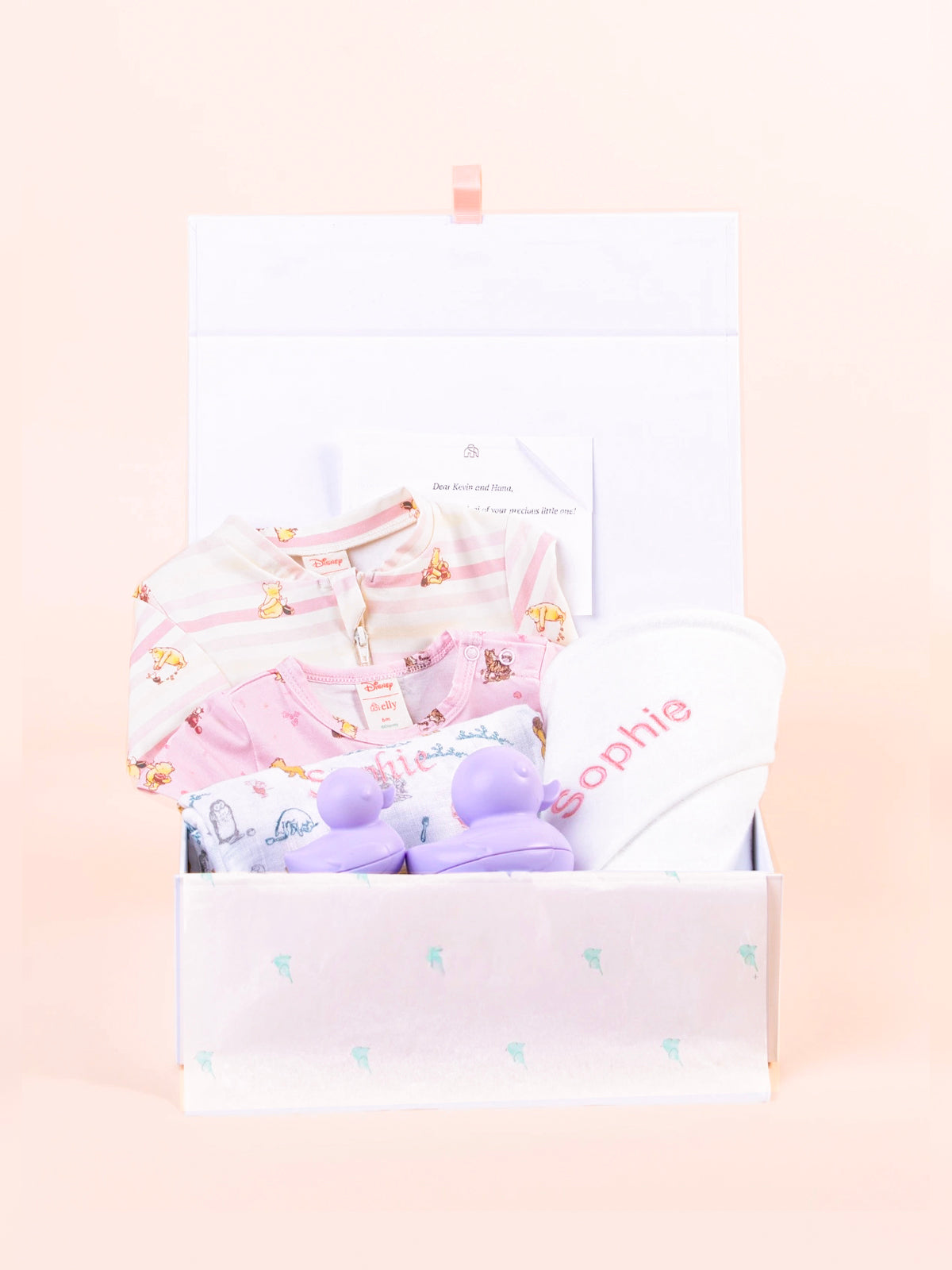 Personalised baby gift set with embroidered towel, clothing and bath toys in gift box