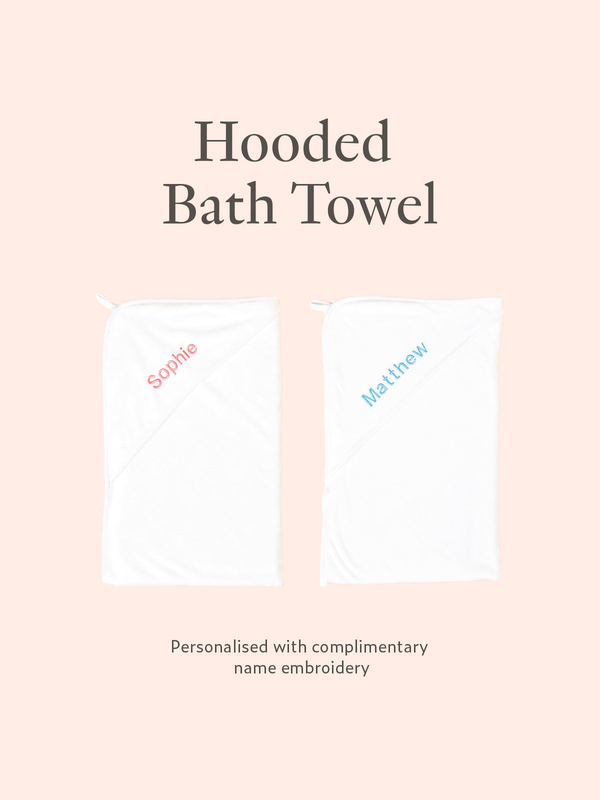 Personalised hooded baby towels with embroidered names in pink and blue