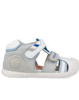 Children's sandal with gray and white design on a white background