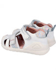 Pair of children's sandals with colorful sole on a white background