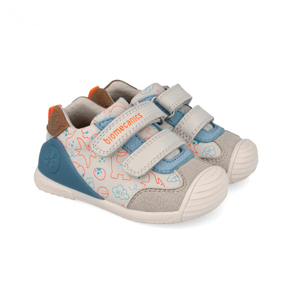 Children's shoe with blue and gray design on a white background