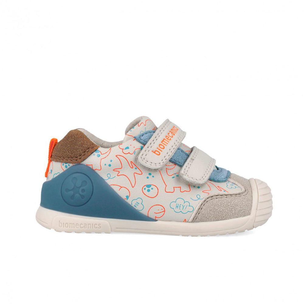 Children's shoe with blue and gray design on a white background