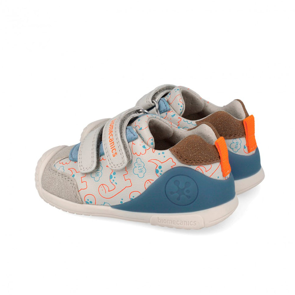 Children's shoe with blue and gray design on a white background