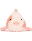 Plush toy resembling a stylized fish with pink and white colors 