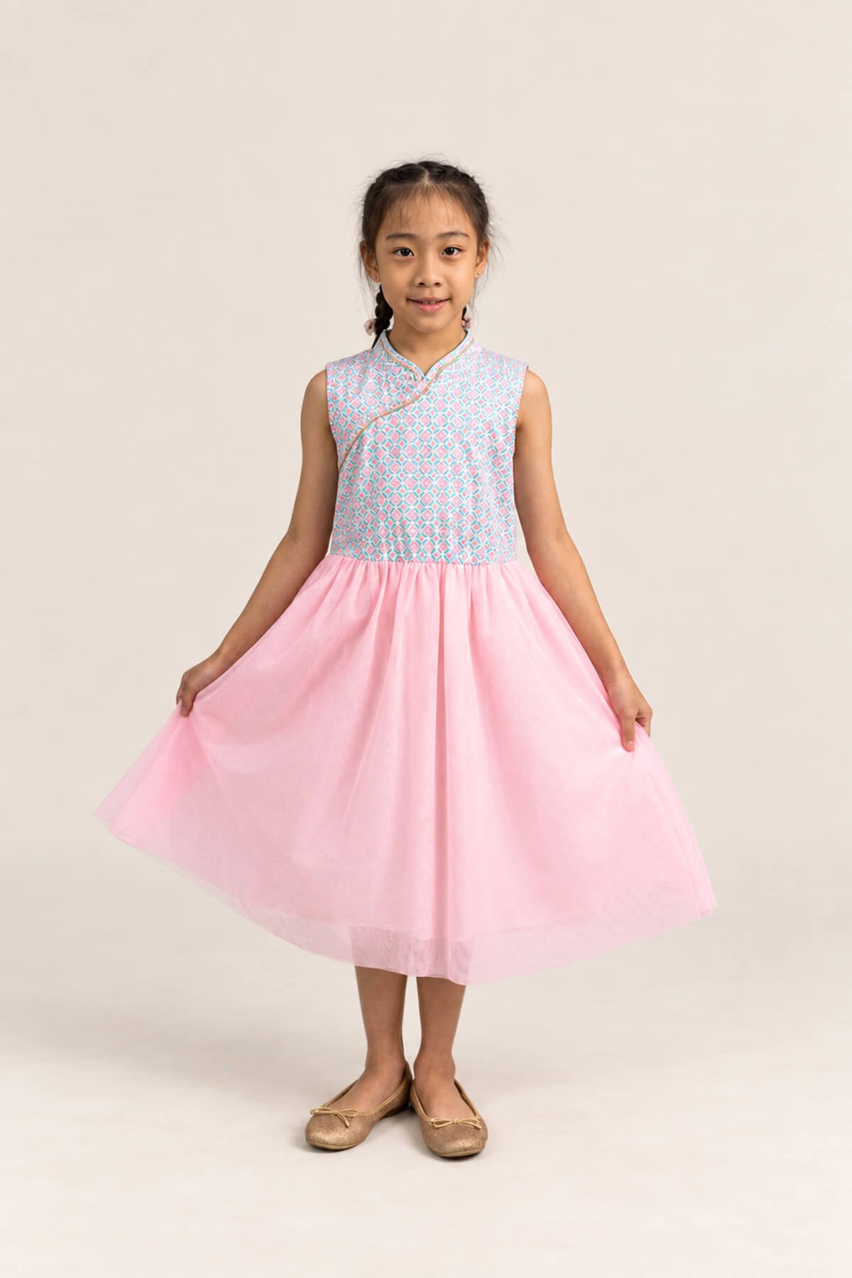 Flare Tulle Cheongsam - Pink Teal Mosaic