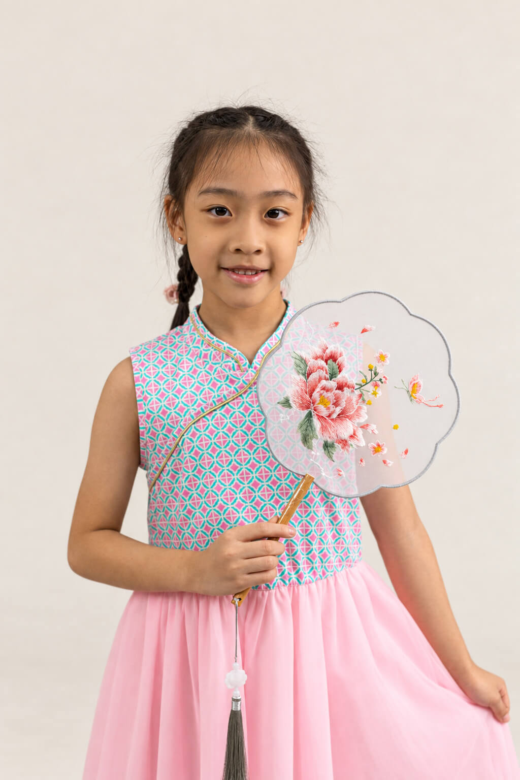 Flare Tulle Cheongsam - Pink Teal Mosaic
