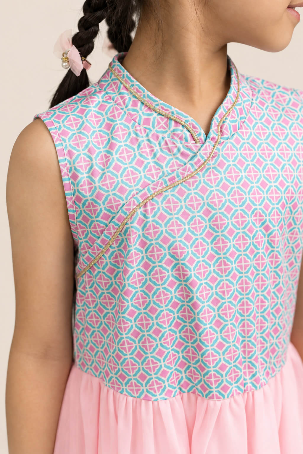 Flare Tulle Cheongsam - Pink Teal Mosaic