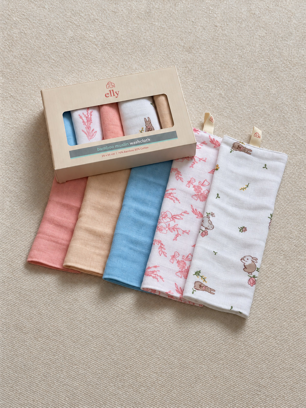 Bamboo Muslin Washcloth Set of 5 - Floral Bunny