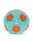 Plush toy  soccer ball with orange panels on a white background