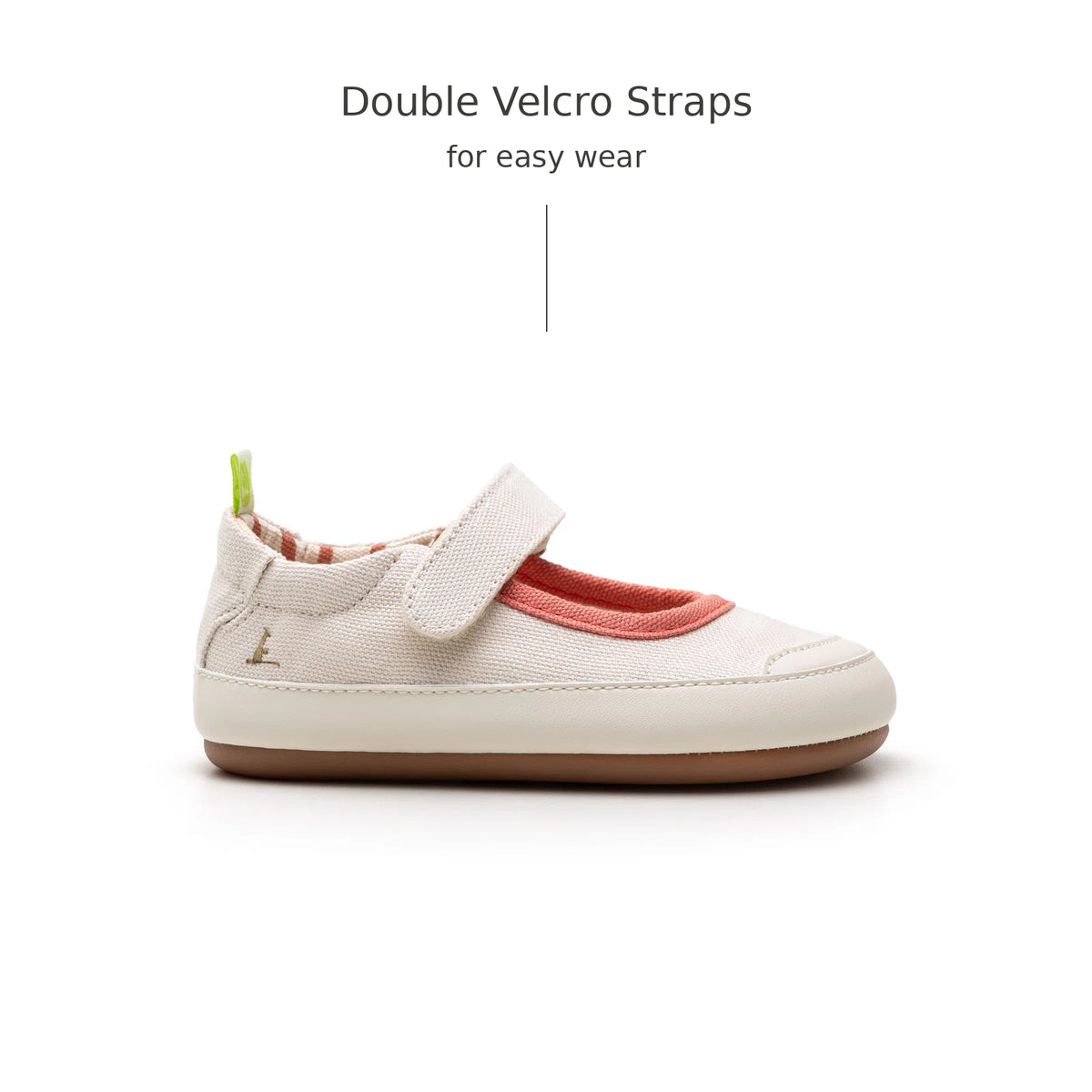 Side view of Tip Toey Joey Gaia Green Mary Janes in Lona Creme / Lona Salmao with double velcro straps