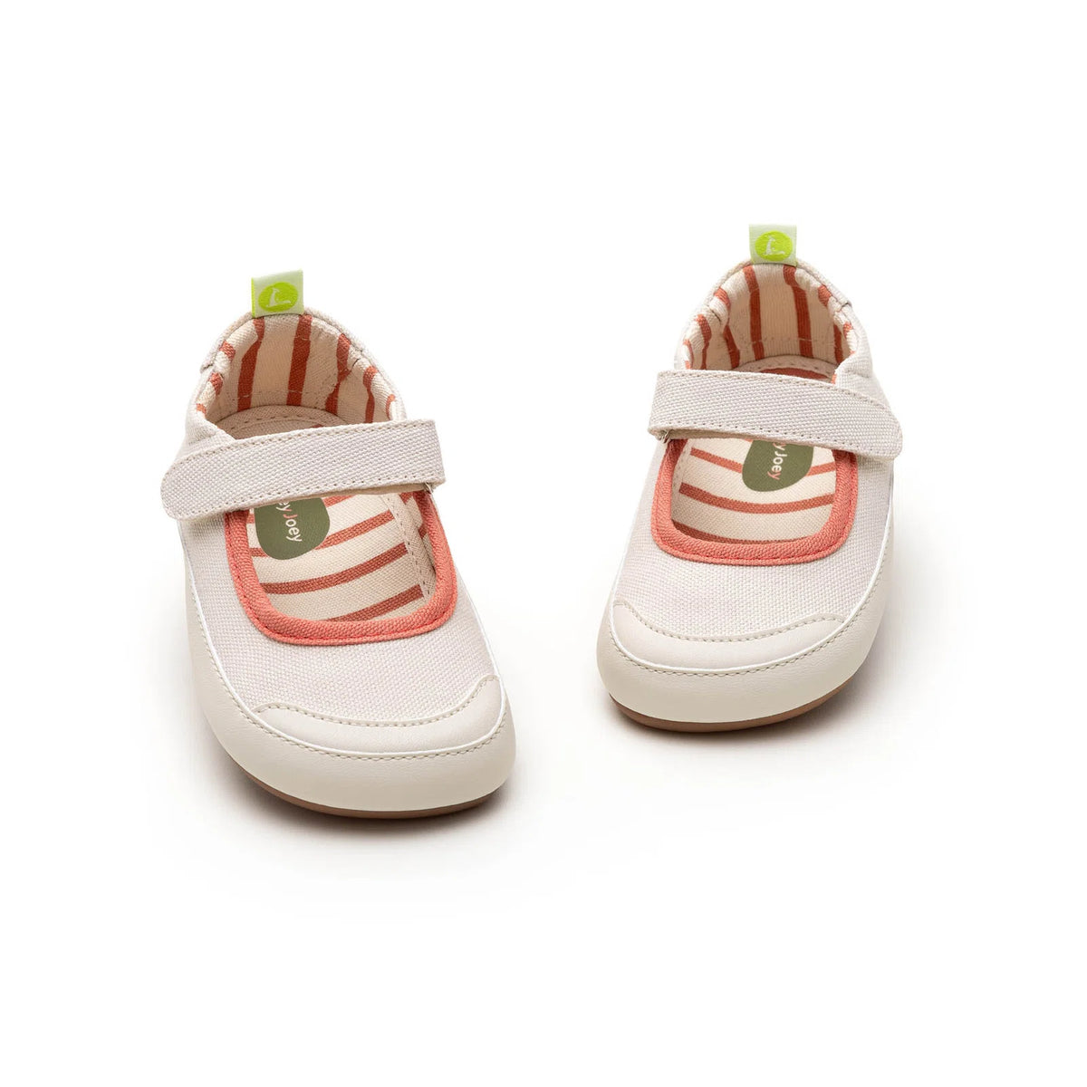 Sole and detail view of Tip Toey Joey Gaia Green Mary Janes in Lona Creme / Lona Salmao