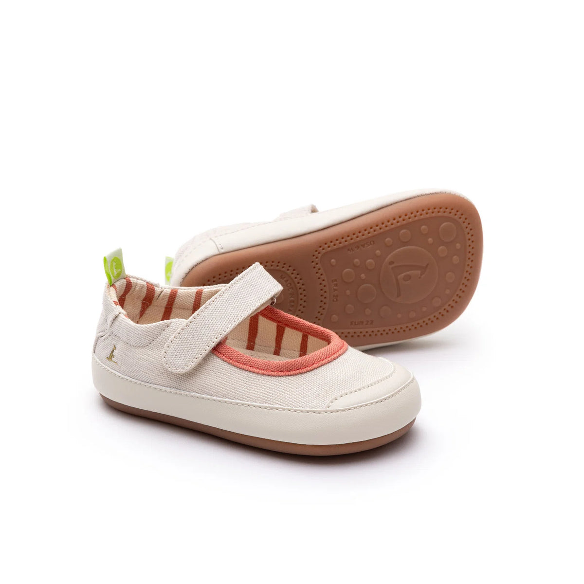Pair of Tip Toey Joey Gaia Green Mary Janes in Lona Creme / Lona Salmao, baby first walker shoes