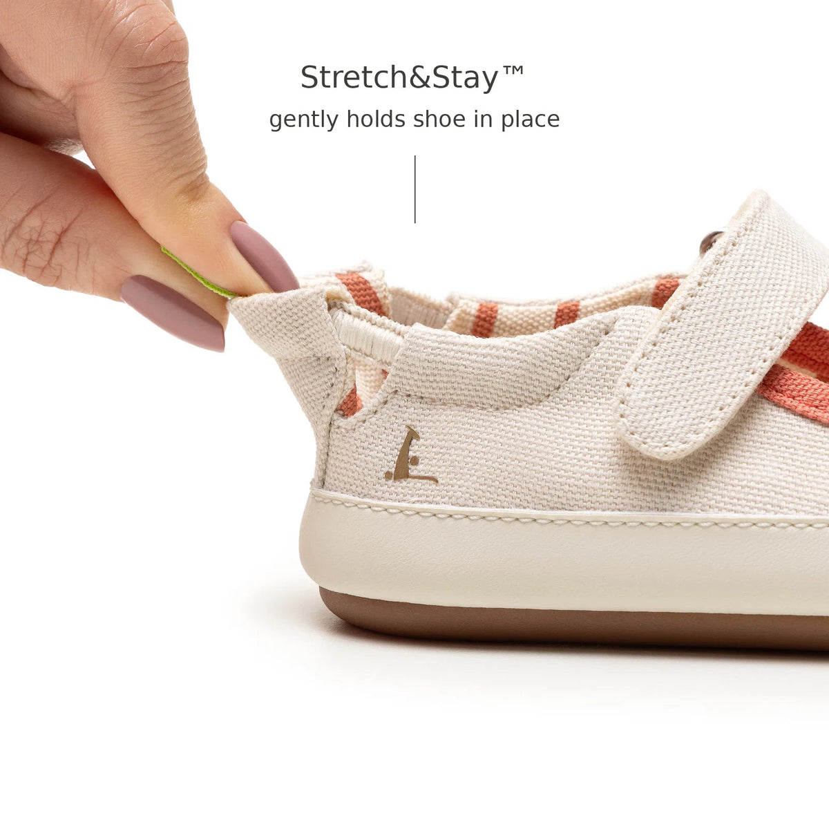 Back view of Tip Toey Joey Gaia Green Mary Janes in Lona Creme / Lona Salmao showing the Stretch&Stay elastic heel
