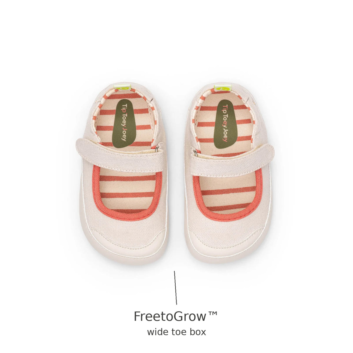 Top view of Tip Toey Joey Gaia Green Mary Janes in Lona Creme / Lona Salmao showing the wide FreetoGrow toe box