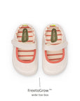 Top view of Tip Toey Joey Gaia Green Mary Janes in Lona Creme / Lona Salmao showing the wide FreetoGrow toe box