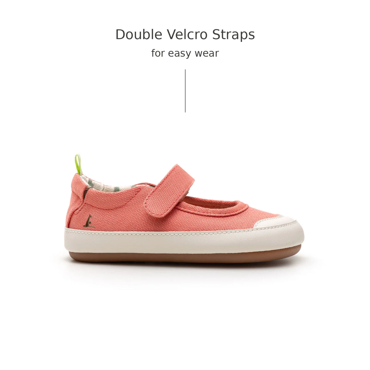 Side view of Tip Toey Joey Gaia Green Mary Janes in Lona Salmao with double velcro straps