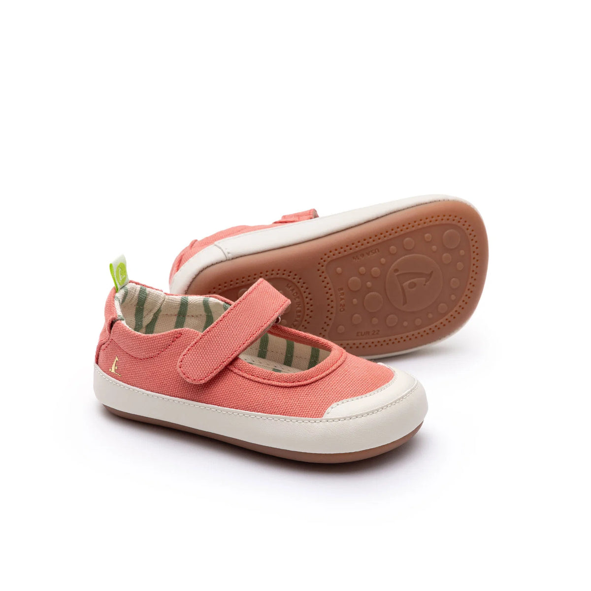 Pair of Tip Toey Joey Gaia Green Mary Janes in Lona Salmao, baby first walker shoes